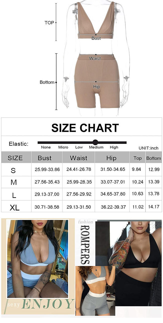 Women 2 Piece Workout Outfits Ribbed Deep V Neck Sleeveless Crop Top High Waist Bodycon Shorts Sets Active Wear Tracksuits